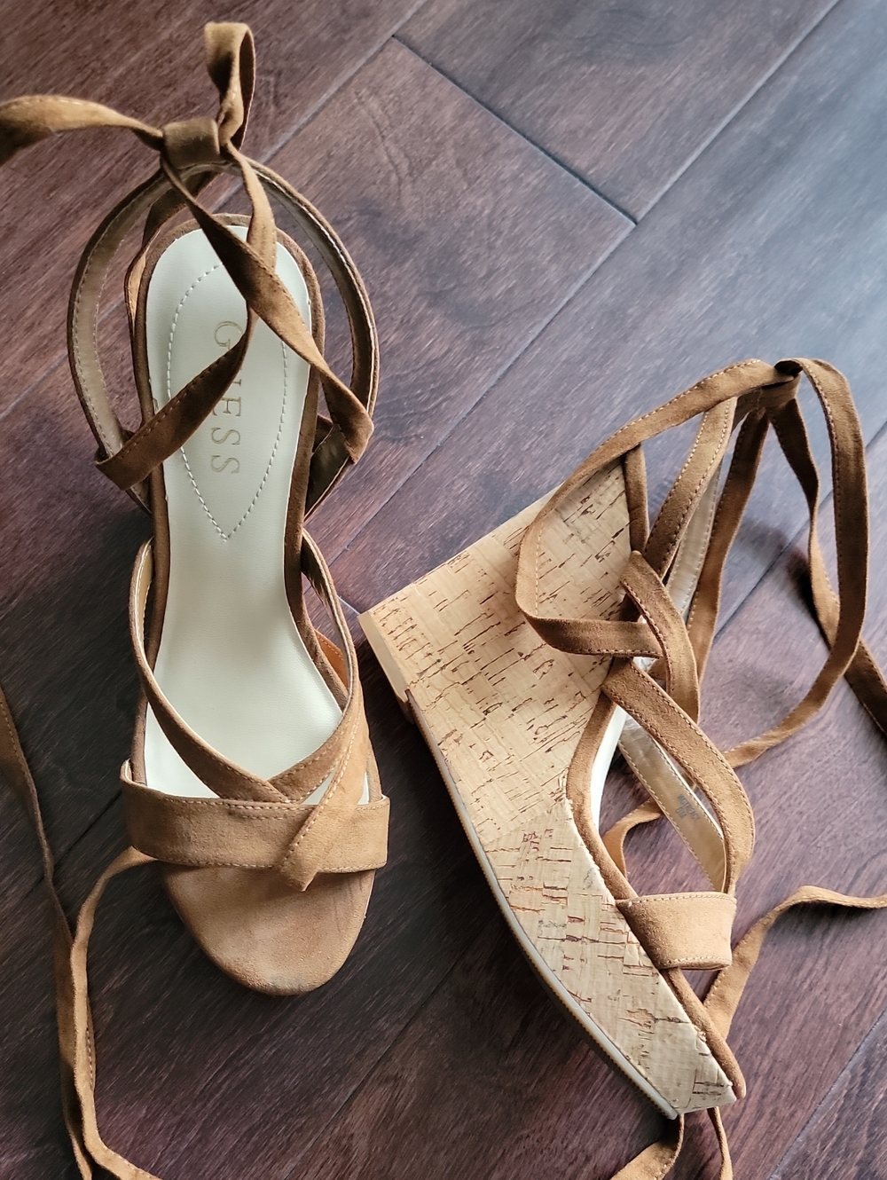Guess Tan Suede Lace-Up Cork Wedge Sandals